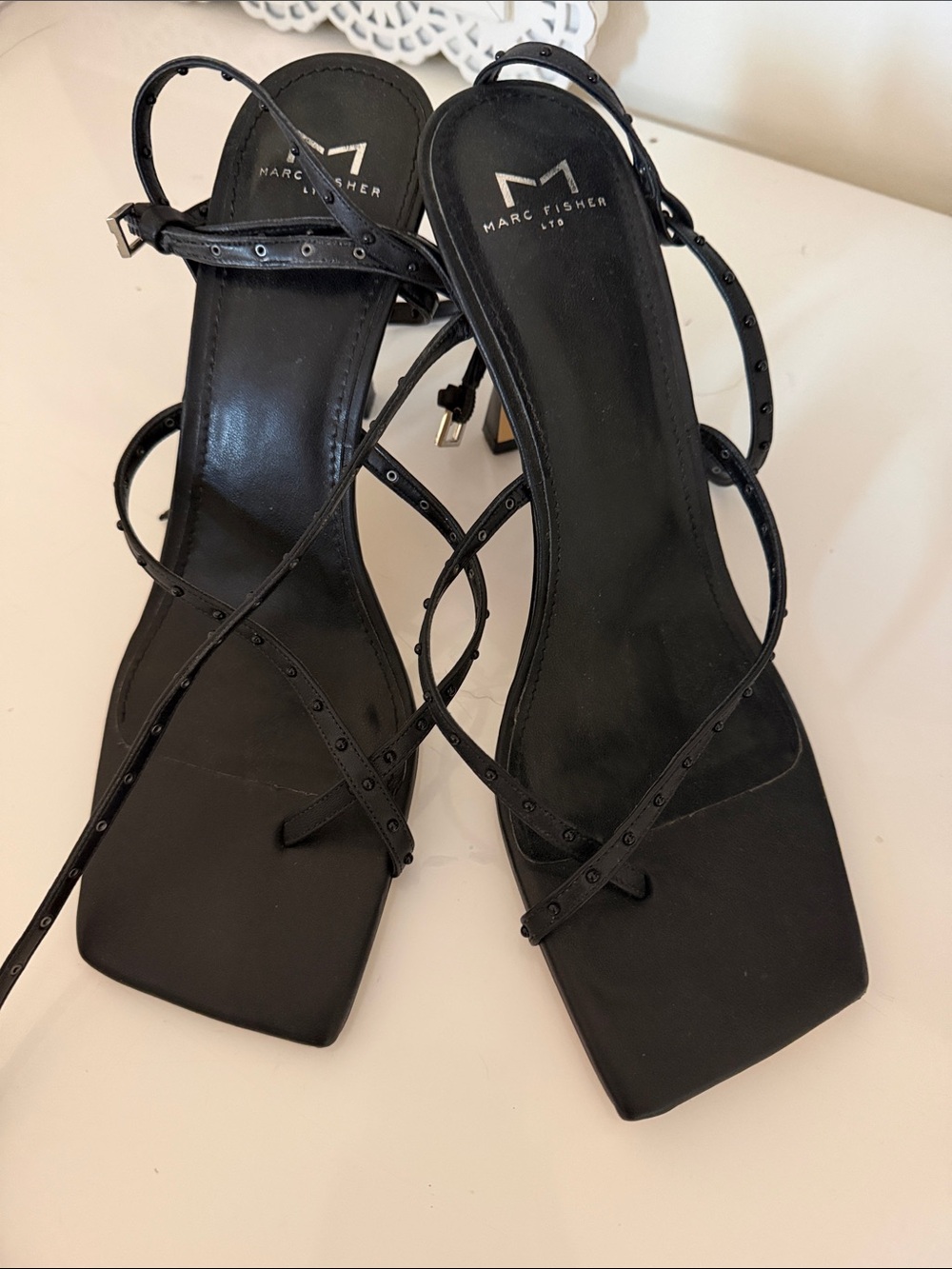 LIKE NEW Marc Fisher Black Studded Strappy Square-Toe Heels